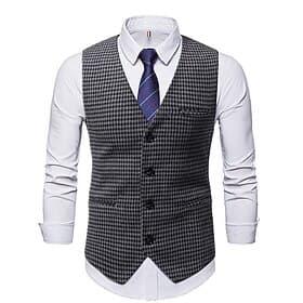 Men's Vest Waistcoat Wedding Daily Streetwear Business Fall Winter Print Polyester Breathable Houndstooth Single Breasted Turndown Regular Fit Black Coffee Ves