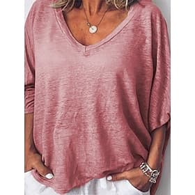 Femmes Grande taille T-shirt Uni Basique Occasionnel Manche Courte Col en V Quotidien Vacances Sports Blanche Rose Claire Marron Kaki Gris Printemps Automne