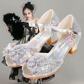 Chaussures de princesse à paillettes argentées pour filles – sandales Mary Jane à nœud papillon scintillant avec talons bas, chaussures élégantes pour soirées