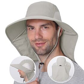 Wide Brim Sun Hat with Neck Flap, UPF50 Hiking Fishing Hat for Men Women Summer Outdoor Portable Breathable Quick Dry Ultraviolet Resistant Hat Solid Color Bla