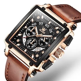 Montre en quartz OLEVS pour hommes avec calendrier chronographe grand cadran étanche en cuir véritable