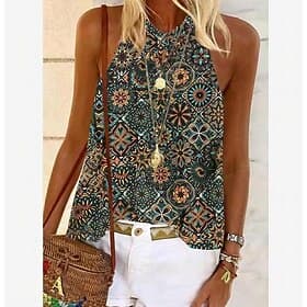 Women's Camisole Tank Top Halter Summer Tops Pink Blue Purple Graphic Floral Sleeveless Ethnic Boho Halter S