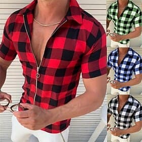 Men's Shirt Summer Shirt Plaid Shirt Checked Shirts Red Blue Green Gray Short Sleeve Plaid / Check Lattice Turndown Outdoor Street Print Clothing Apparel Polye