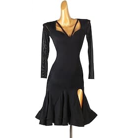 dans salsa latin dansjurk pure kleur splitsen damesprestatie chinlon mesh met lange mouwen