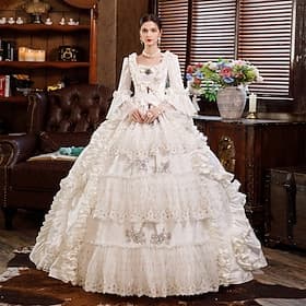 Rokoko Viktorianisch Vintage inspiriert Bodenlang Kleid Partykostüm Maskerade Trompetenärmel Prinzessin Shakespeare Braut Einfarbig Ballkleid Quadrathals Kostü