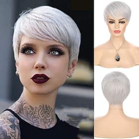 perruques gris argenté cheveux courts coupe lutin perruque droite avec frange synthétique cosplay perruques complètes pour femmes résistant à la chaleur costum