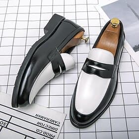 Men's Two-Tone Faux Leather Slip-On Loafers – Black and White Penny Dress Shoes for Prom, Business Party, Gatsby Nightlife, Vintage 1950s Swing Look