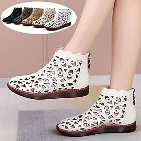 Women's White Hollow-Out Ankle Boots – Stylish Cutout Leather Booties with Soft Sole, Casual Vintage Shoes for Spring  Summer