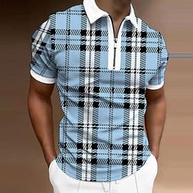 Men's Polo Shirt Quarter Zip Polo Casual Daily Turndown Quarter Zip Short Sleeve Sports Fashion Plaid Zipper Quarter Zip Spring  Summer Regular Fit Green Apric