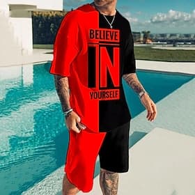 Men's Graphic Color Block Letter 2pcs Tees sets Matching Sets Short Sleeve Short Pants Crew Neck Fashion Lightweight Basic Street Daily Sports Print Summer Spr