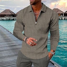 Men's Geometric Hawaiian Polo Shirts Golf Shirt Long Sleeve Polo Shirts Collared Shirts Casual Beach Wear Vacation Wear Party Outfits 3D Print Quarter Zip Polo