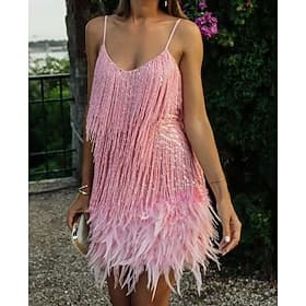 Roaring 20s 1920s Mini Dress Flapper Dress Sleeveless The Great Gatsby Tassel Fringe Feather Tassel Feathers V Neck Fancy Dress Women's Masquerade Evening Part