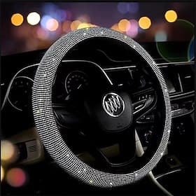 StarFire Diamond Leather Steering Wheel Cover for Women Girls with Shiny Crystal Rhinestones Universal Fit 15 Inch Car SUV Wheel Anti-Slip Protector