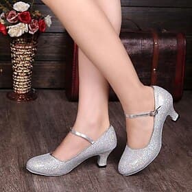 chaussures de danse de salon à paillettes argentées pour femmes avec semelle en daim – talons élégants pour la danse latine, la salsa et la danse de performanc