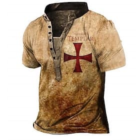 Men's Templar Cross Cross T Shirt Henley Shirt Short Sleeve 3D Print Vintage Designer Basic Outdoor Daily Sports Summer Red Brown Gray Stand Collar Henley T-Sh