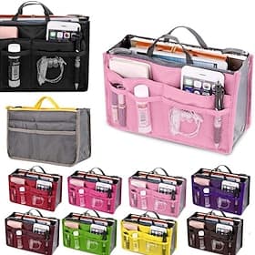 Handbag Organizer Insert for Women – Large Capacity, Zipper Closure, Portable with Handle – Ideal for Travel, Documents, Cards, and Small Items