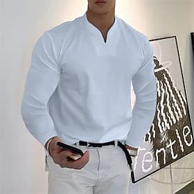 Men's T Shirt Long Sleeve Shirt Long Sleeve V Neck Spring   Fall Plain Fashion Designer Casual Street Sports Holiday White Top Tee for Men