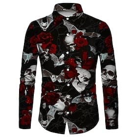 Men's Floral Skull Sunflower Shirt Long Sleeve Fashion Designer Casual Street Casual Fall  Winter Turndown Print Button-Down Black and Red Wine Black White Yel