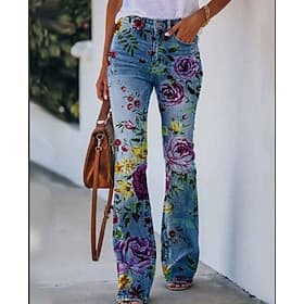 Women's Bell Bottom Flared Pants Pants Trousers Cozy Leggings Fashion Full Length Mid Waist Skull Flower / Floral Side Pockets Wide Leg Print Comfort Micro-ela