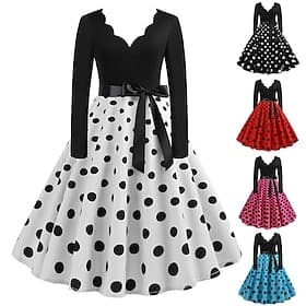 Années 1950 Rétro Vintage Mi-long Robe Robe de thé Rockabilly Pois Ajusté  Évasé Balançoire Déguisement Femmes Noël Carnaval Nouvel An Retour à la maison Tenue