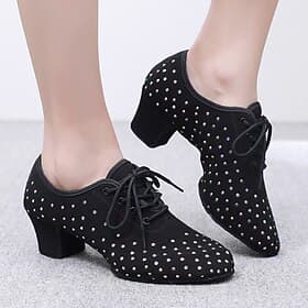 scarpe da ballo da sala da donna impreziosite da strass - scarpe da ballo nere con tacco e lacci per ballo latino e salsa