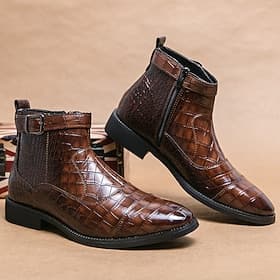 stivaletti da uomo in similpelle marrone con motivo coccodrillo, fibbia e cerniera laterale – eleganti stivali eleganti per abbigliamento formale e casual