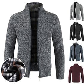 Men's Sweater Cardigan Sweater Zip Sweater Sweater Jacket Fleece Sweater Ribbed Knit Classic Style Fleece Solid Color Stand Collar Classic  Timeless Chic  Mode