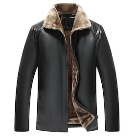 Men's Faux Leather Jacket Daily Wear Vacation Durable Casual / Daily Pocket Fall Winter Solid / Plain Color Comfort Leisure Turndown Regular Regular Fit Black