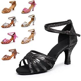 Women's Black Glitter Latin Dance Shoes – Strappy Open-Toe Ballroom Heels with Ankle Strap and Comfortable Suede Sole, Perfect for Salsa, Latin, and Tango Danc