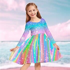 Kids Girls' Dress Rainbow Mermaid Long Sleeve Casual Crewneck Adorable Daily Polyester Above Knee Casual Dress Swing Dress A Line Dress Fall Winter 3-10 Years