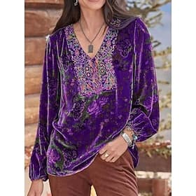 Women's Shirt Boho Shirt Blouse Velvet Basic Floral Print Long Sleeve Regular Tops V Neck Party New Year Yellow Red Purple Gray Spring Fall
