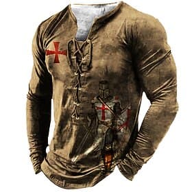 Men's Crusaders T shirt Tee Tee Graphic Templar Cross Henley Black Light Brown Brown Dark Gray 3D Print Knight Plus Size Outdoor Street Long Sleeve Lace up Pri