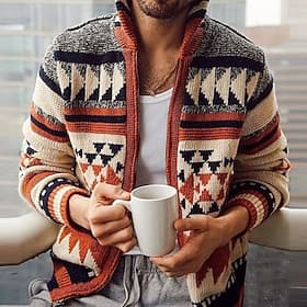 Men's Sweater Cardigan Fair Isle Sweater Zip Sweater Sweater Jacket Knit Buttons Knitted Geometric Shirt Collar Casual Clothing Apparel Fall Winter Red M L XL