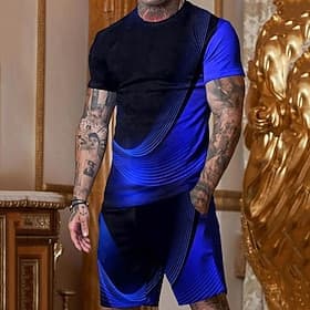 Men's Graphic Optical Illusion Striped 2pcs Tees sets Shorts and T Shirt Set T-Shirt Outfits Double Color T Shirt Short Sleeve Crew Neck Designer Casual Comfor