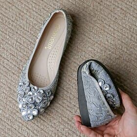 Faltbare Ballerinas für Damen mit Kristall-Blumenverzierung – bequeme, leichte Reise-Ballettschuhe