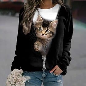 Women's Plus Size Sweatshirt Pullover Cat Street Casual Sports Basic Round Neck Long Sleeve Top Micro-elastic Fall  Winter Comfrt Breathable Soft Fabric