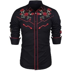 Men's Graphic Prints Rose Shirt Western Shirt Cowboy Shirt Long Sleeve Fashion Streetwear Designer Outdoor Daily Fall  Winter Turndown Print Button-Down Black