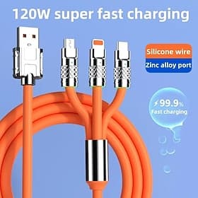 3.3ft 120W 3-In-1 Multi Fast Charging Nylon Braided Cable USB Charger Cord With 3 Different Ports (USB C for Android Only/ Micro/ Lightning for iPhone up to 14