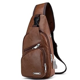sac bandoulière en cuir marron avec plusieurs poches zippées pour homme