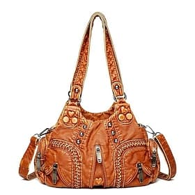 sac à bandoulière en cuir marron vintage pour femme - sac à main multi-poches élégant avec détails tressés et fermetures éclair pour un usage quotidien et les