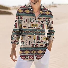 Men's Tribal Geometry Ethnic Shirt Button Up Shirt Long Sleeve Vintage Fashion Streetwear Daily Outdoor Fall  Winter Turndown Print Button-Down Blue Yellow