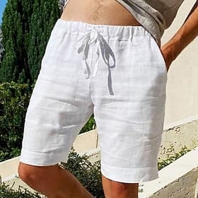 Men's Shorts Linen Shorts Summer Shorts Drawstring Pocket Elastic Waist Plain Daily Outdoor Going out Holiday Casual Khaki Black