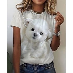 Women's T Shirt Print Dog Basic Short Sleeve Round Neck Regular Tops Daily Weekend Custom Print White Beige Gray