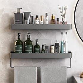 Shower Caddy Bathroom Shelves Wall Mounted Gun Grey Storage Organizer Rack Bathroom Kitchen Bathroom Hardware Pendant Bathroom Shelf Space Aluminum Shower Rack