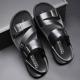 sandales en similicuir noir pour hommes avec brides à double boucle et semelle coussinée - chaussures d'été décontractées à porter au quotidien