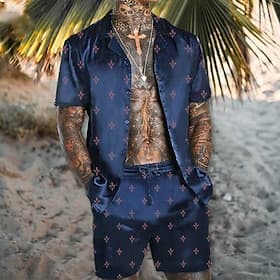 Men's Floral Geometric Pattern 2pcs Shirts Sets Summer Hawaiian Shirt Short Sleeve Short Pants Turndown Tropical Fashion Hawaiian Casual Holiday Beach Print Su
