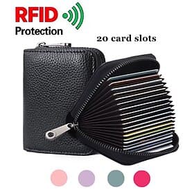 RFID Blocking Credit Card Holder for Women Men, 20 Slots Accordion Card Wallet, Zip Around Pebble Leather Card Organizer Case, Large Capacity Travel Wallet for