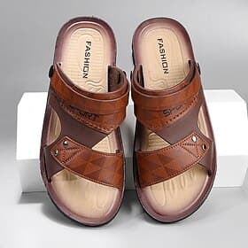 Men's Casual Slip-On Brown Sandals – Lightweight Open-Toe Design with Double Straps and Cushioned Sole