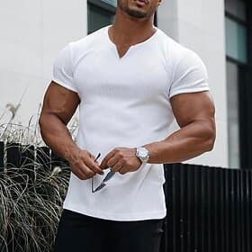 Men's T Shirt Muscle Shirt Ribbed Knit tee Short Sleeve V Neck Summer Plain Fashion Designer Casual Print Street Sports Holiday White Top Tee for Men