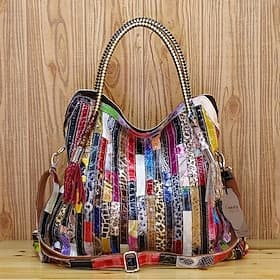 chique leren handtas met veelkleurige patchwork - opvallende designertas, perfect voor modieuze outfits en speciale gelegenheden